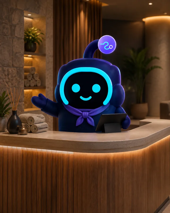 Sini atendiendo a una visitante en la recepción de un spa